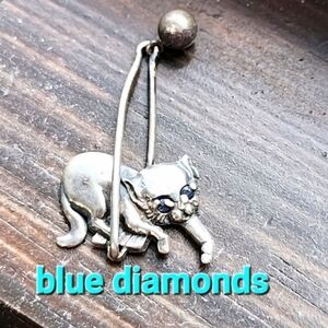Vintage Sterling Silver Kitty Cat Pendant Charm with Blue Diamond Eye Accents
